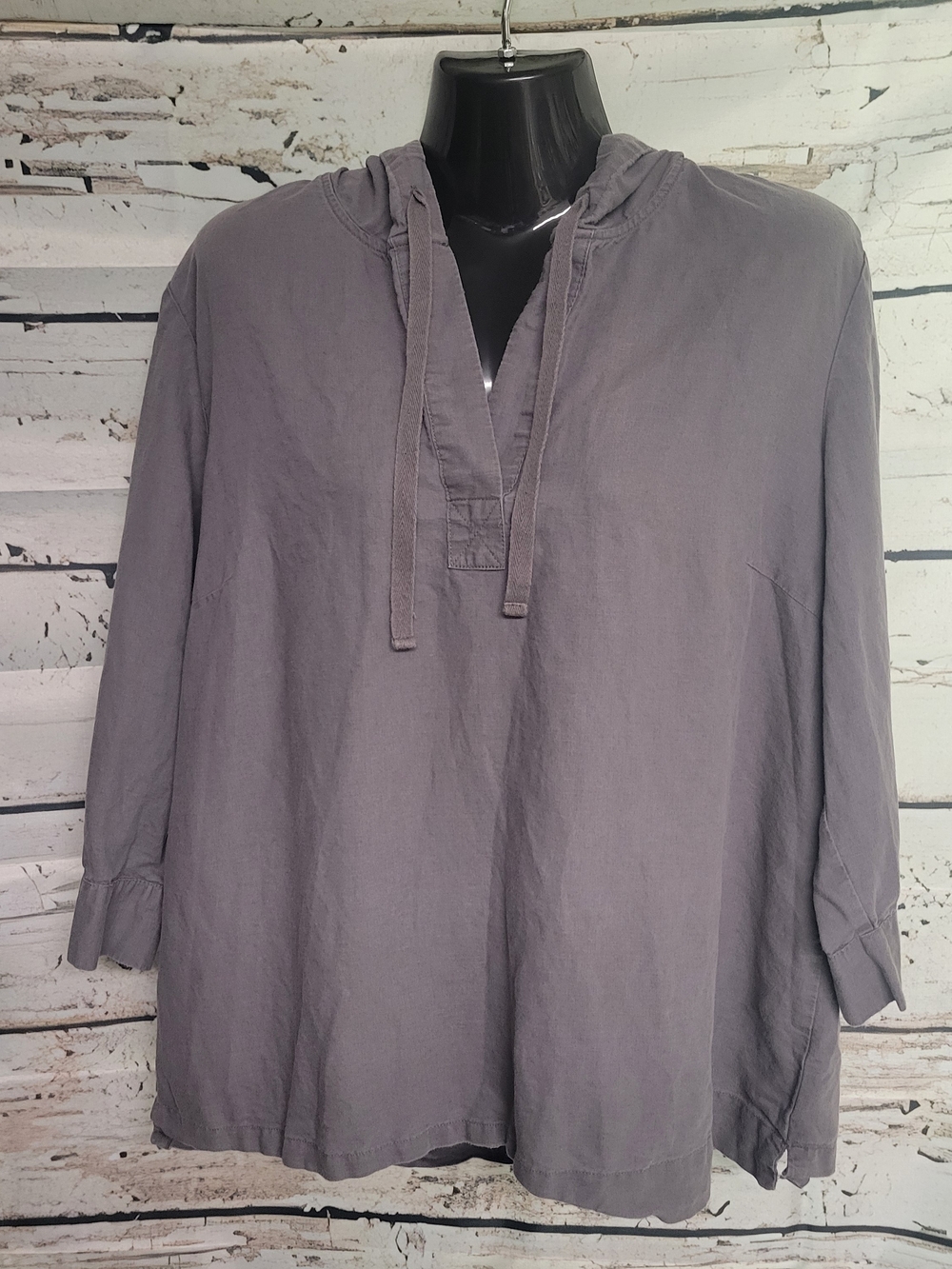 Ellen Tracy Gray Linen Blend Hooded Tunic Top Women's Large